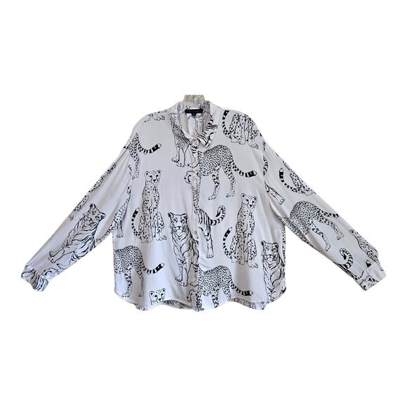 JANE + DELANCEY Women's XL Blouse Big Cats Cheetah Tiger Safari Button Up 44" - Picture 1 of 7